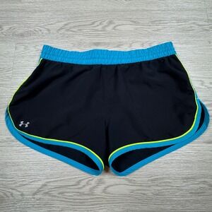 Under Armour Women's Running Shorts HeatGear Black Teal Yellow Small Semi-Fitted
